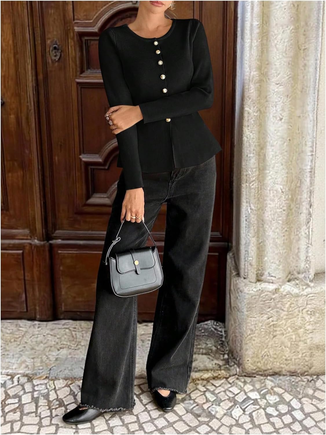 Verdusa Women's Button Up Dressy Cardigans Ruffle Peplum Sweater Elegant Formal Tops Spring Fall Clothes