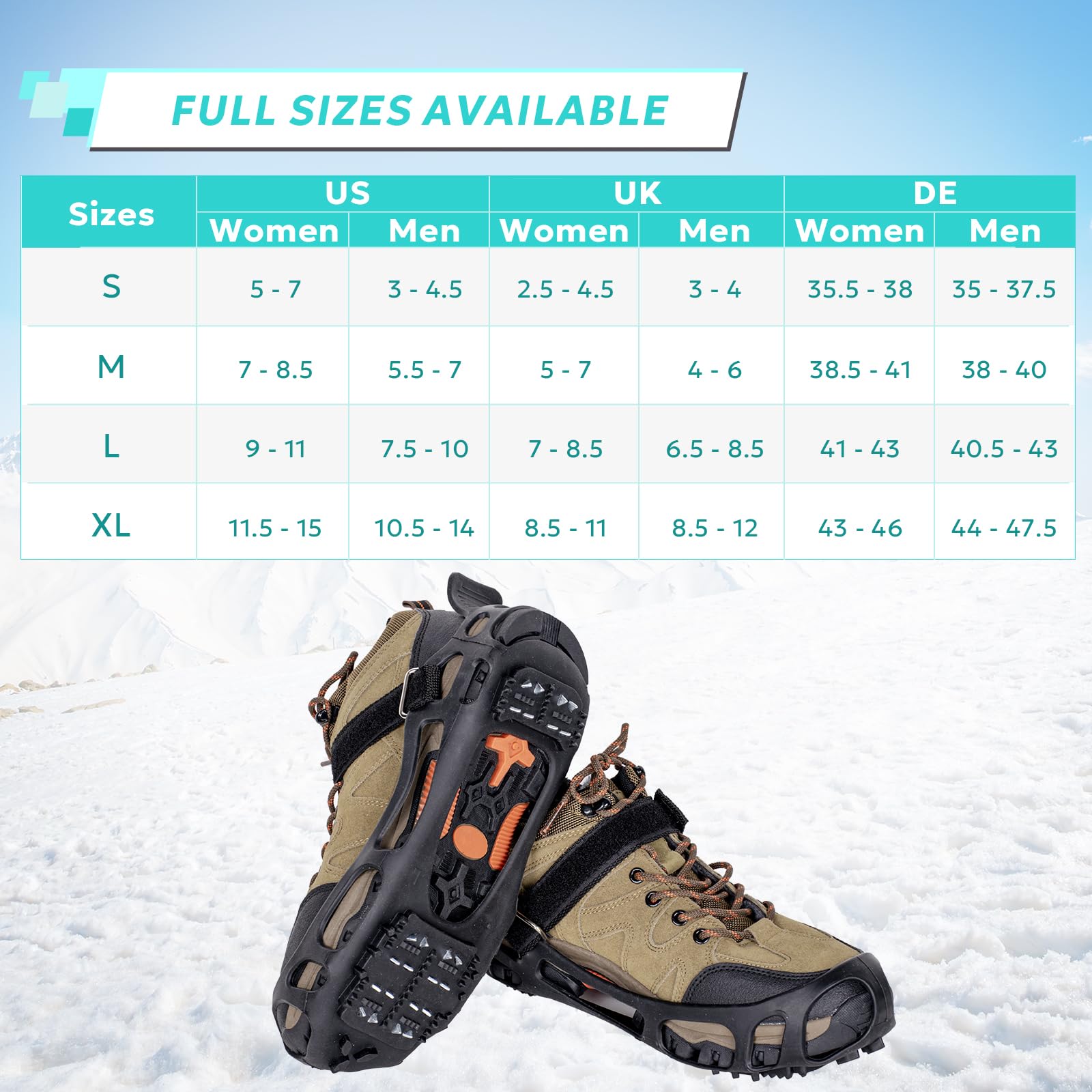 Ice Snow Traction Cleats with 24 Steel Studs Crampons for Shoes and Boots Anti Slip Walking Footwear for Men Women S/M/L/XL