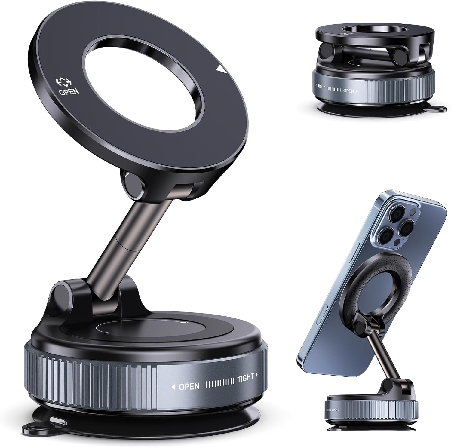 Vacuum Magnetic Suction Phone Holder, Foldable and Retractable Hands-Free Suction Cup Phone Mount for Car/Gym/Mirror/Smooth Surface, Compatible with iPhone Android and All Smartphones (Stellar Gray)