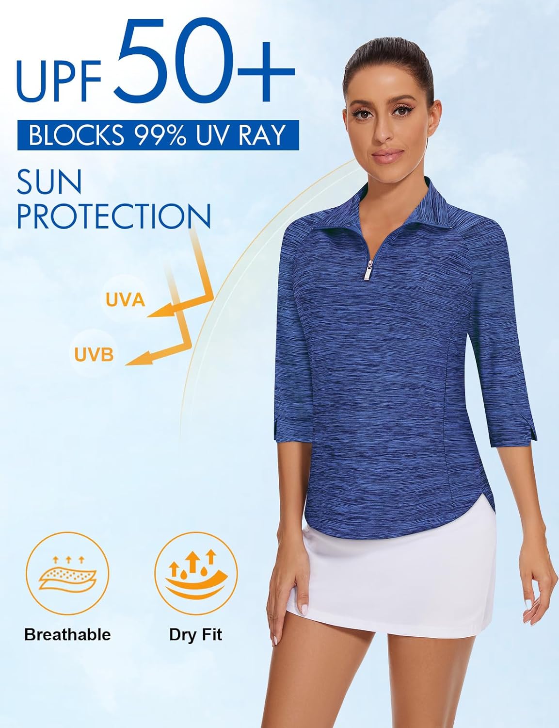 Cucuchy Style Womens Golf Shirt 3/4 Sleeve Quarter Zip Workout Tennis Tops Quick Dry UPF 50+ Shirts