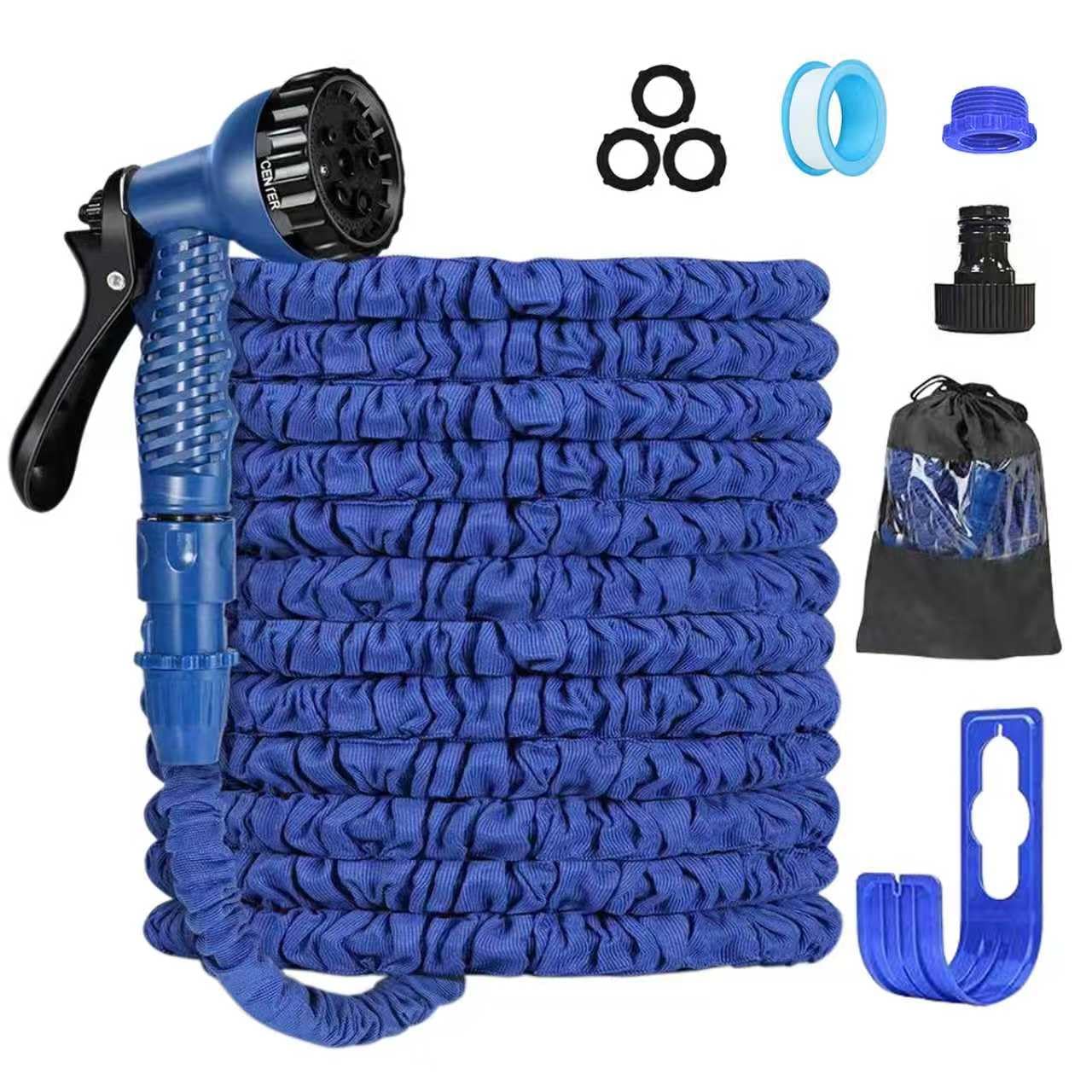 Expandable Garden Hose Pipe 15m/50ft, Heavy Duty Flexible with 7-Function Spray Gun, 3/4" 1/2" Fittings, Double Layer Latex Core Hosepipe, Anti-Leak Kink Free (Blue)