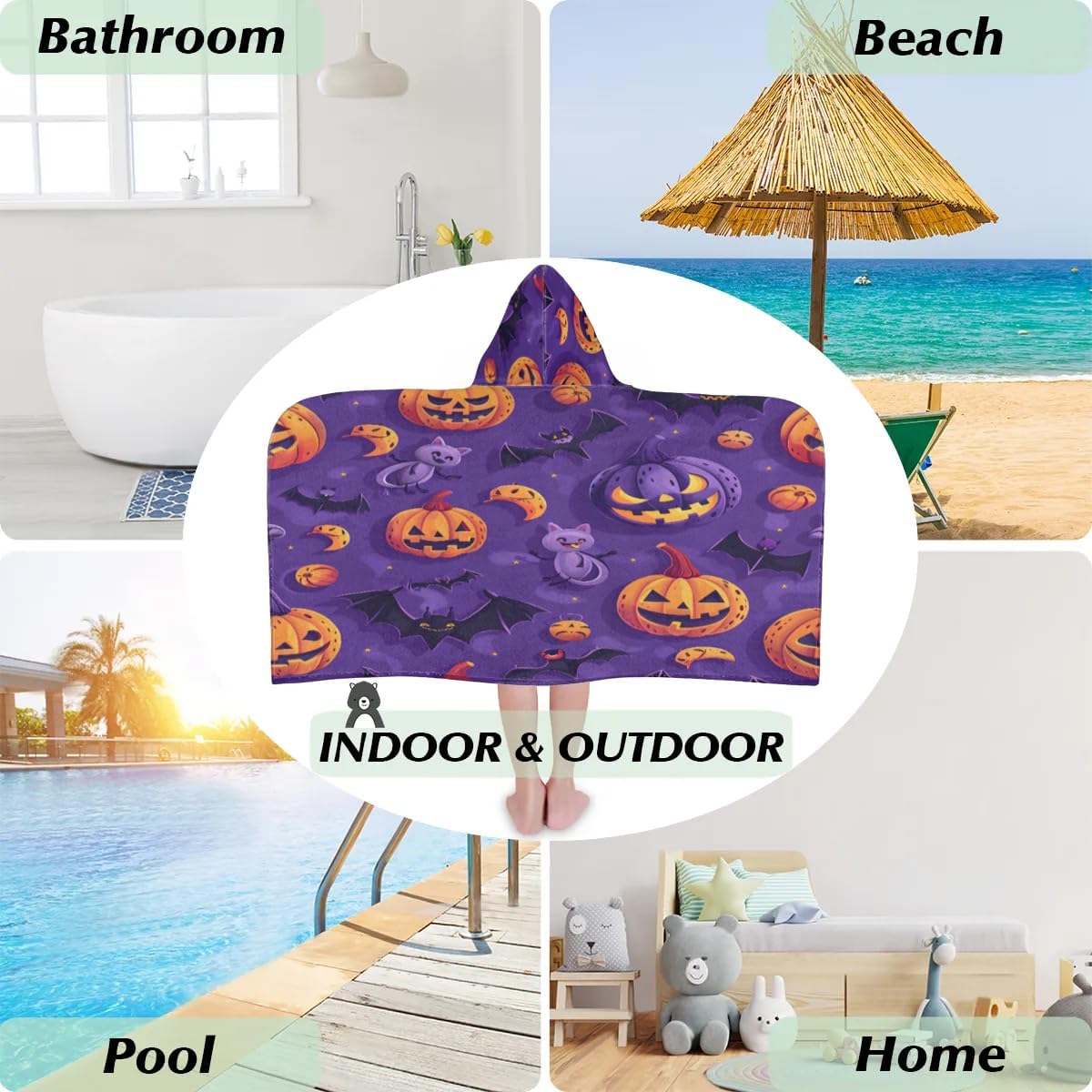 Pardick Kids Bath Towel Halloween Pumpkin Bats Beach Towel with Hood Pool Cover Up for Girls Boys Soft Absorbent Hooded Bath Towel Toddler Towels for Beach, Pool