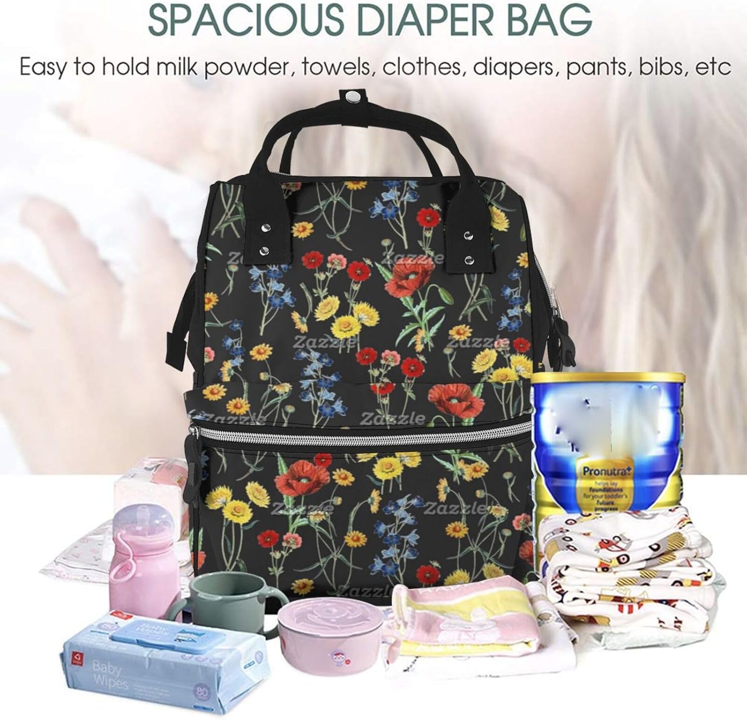 Poppies, Daisies, Bluebells Carbon Black Diaper Bag Backpack for Women, Large Capacity Waterproof Travel Bag with Stroller Straps