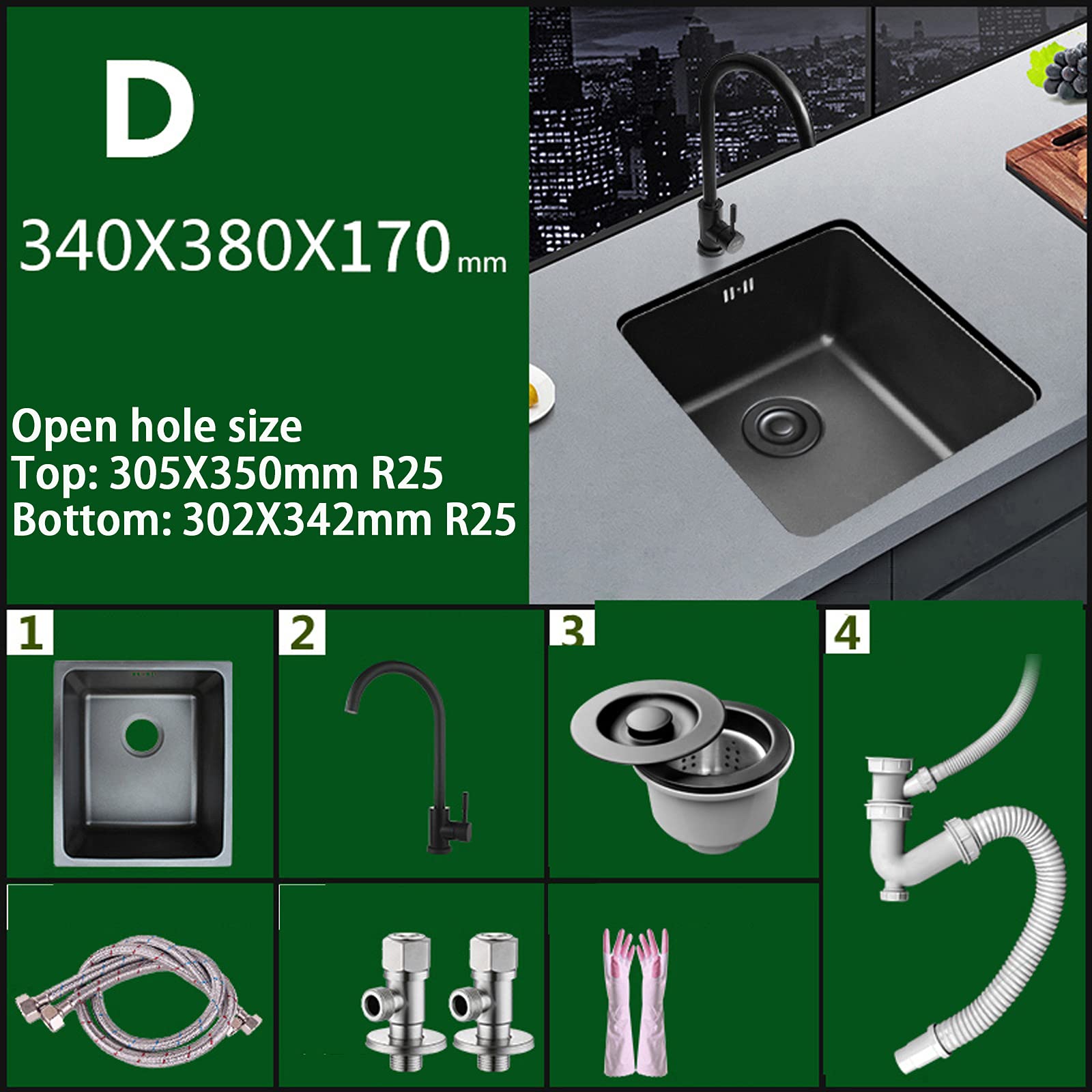 Lavello da Cucina Mono Vasca ad Incasso o da Appoggio, Materiale in Acciaio 304 con Set di Scarico ​e Filtro Anti Otturamento Inclusi, Colore Nero 34 * 38 cm