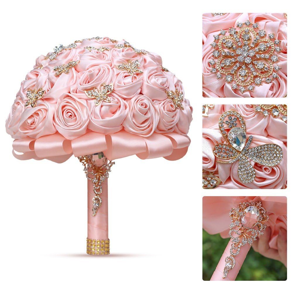 Hrippy Bouquet Sposa con Rose Artificiali in Raso E, Realizzate a Mano, Mazzolino Floreale per Matrimoni, Compleanni E Cerimonie.