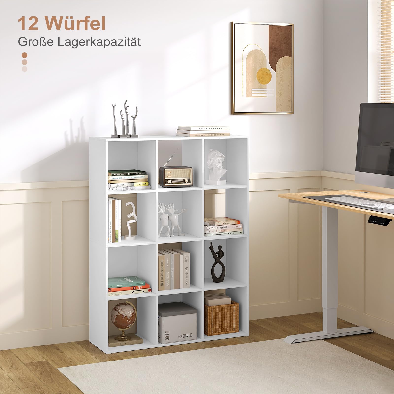 eSituro Bücherregal mit 12 Fächern, Würfelregal, 91x120x29 cm, weiß | Raumteiler Regal offen, Standregal modern, für Wohnzimmer, Kinderzimmer, Büro, Schlafzimmer