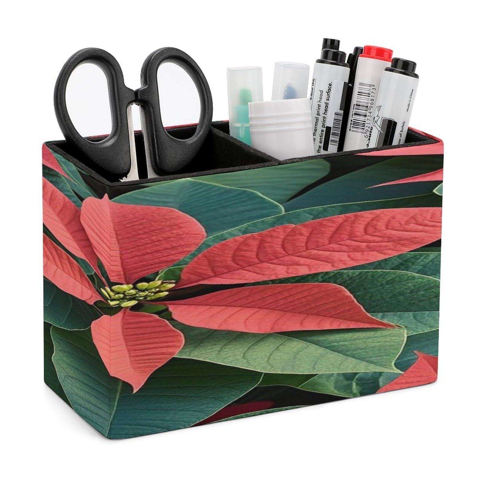 LZQPOEAS Poinsettia Leather Pen Holder with 2 Compartments Luxury Pencil Holder Minimalist Pencil Cup Brush Scissor Holders Elegant Pen Cup for Office Home Desk Accessories