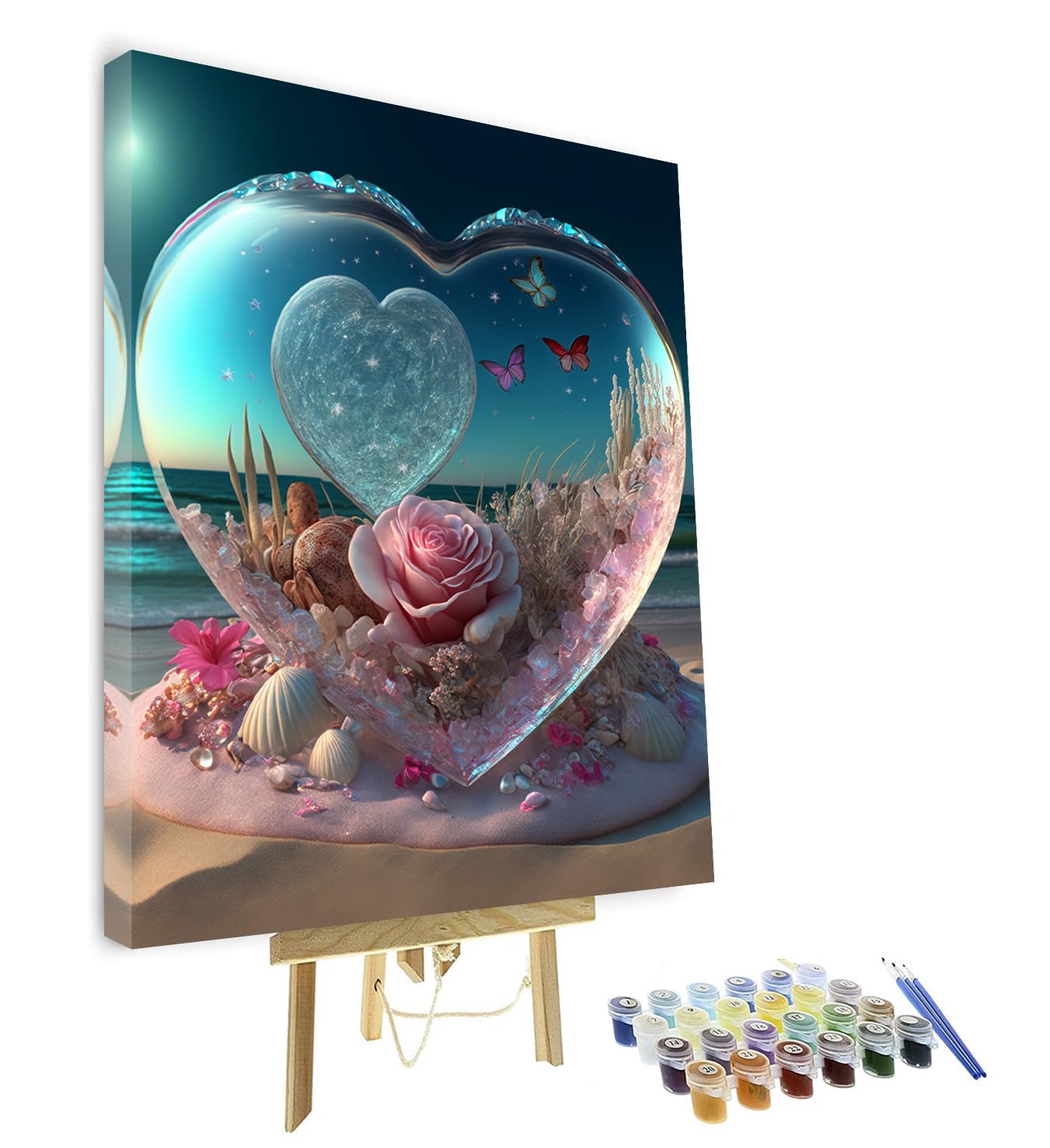 Paint by Numbers Kit for Adults, Landscape DIY Paint by Numbers, Heart-Shaped Glass Crystal Art Paint by Numbers Kit for Adults White Beach Canvas Acrylic Painting Arts and Craft 16x20Inch with Frame