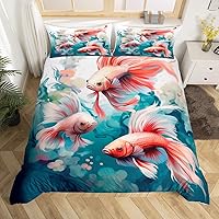 Vista 1 de Betta Fish - Juego de funda de edredón de peces tropicales, acuarela, animales marinos, algas marinas, coral submarino, vida marina (sin relleno)