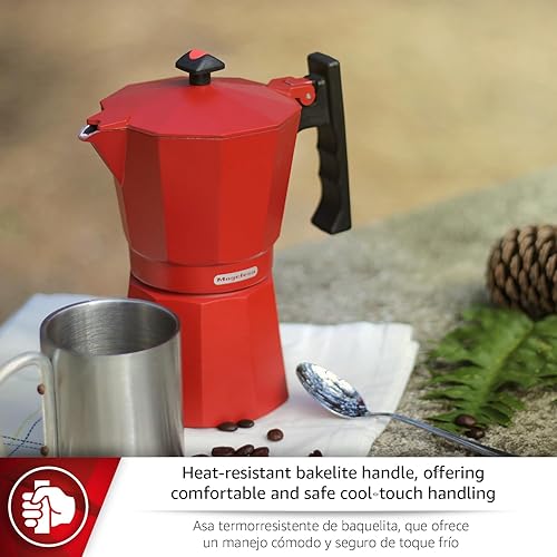 Vista 5 de Magefesa Colombia - Olla de café expreso rojo para estufa, 6 tazas/10 onzas, cafetera italiana para café cubano, aluminio extragrueso, mango