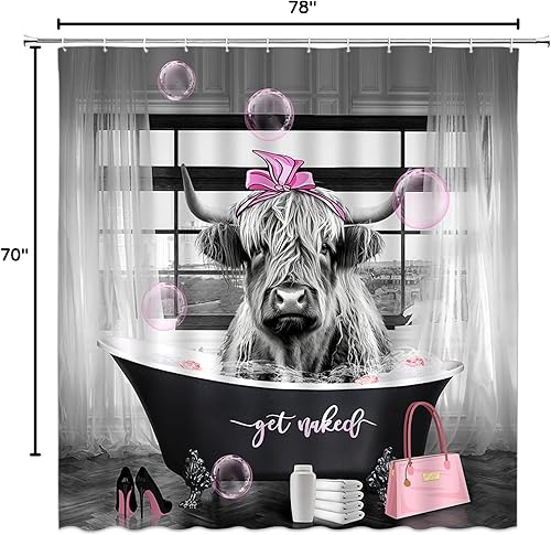 Miniatura 4 de Divertida cortina de ducha de vaca de las tierras altas de la moda bañera burbuja vaca animal rosa bolsa de tacones altos cortina de baño tela con