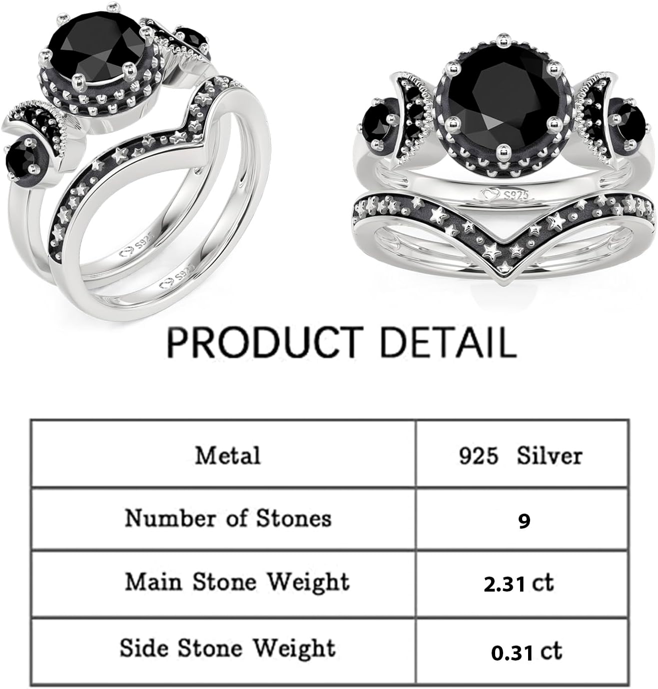 Jeulia Black Wedding Ring Set for Women Triple Moon Goddess Stackable Ring Set Sterling Silver Promise Engagement Wedding Rings Bridal Sets with Gift Box