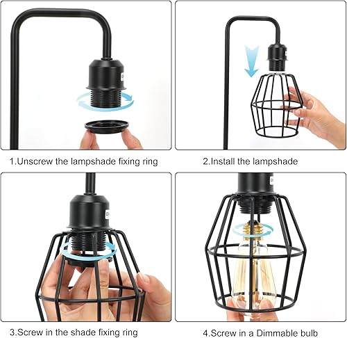 Miniatura 5 de Lámparas de mesa industriales regulables, moderna lámpara de noche negra con puertos de carga USB A+C y salida de CA, lámpara de granja con pantalla
