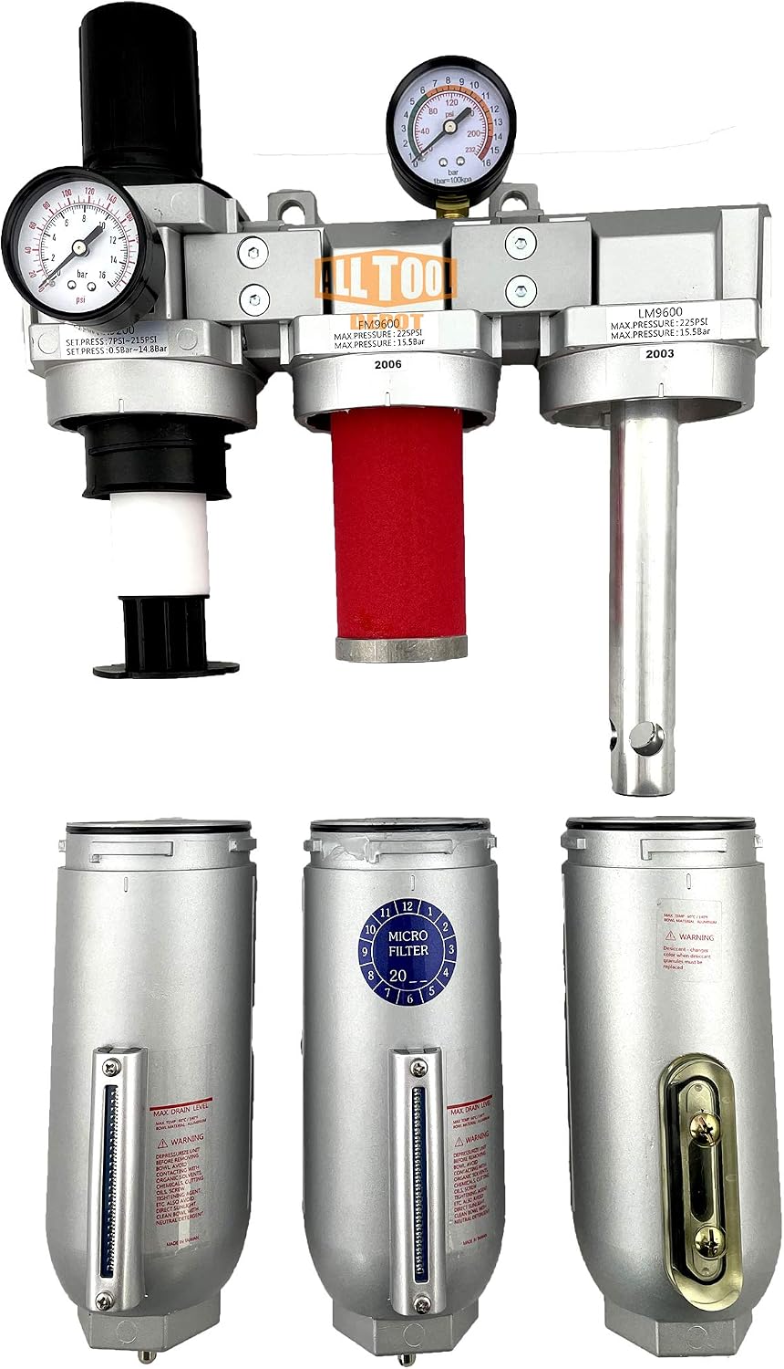 1" NPT SUPER DUTY Industrial Grade Filter Regulator Coalescing Desiccant Dryer System For Compressed Air Lines, Metal Bowls, Great For Paint Spray And Plasma Cutter (MANUAL DRAIN)