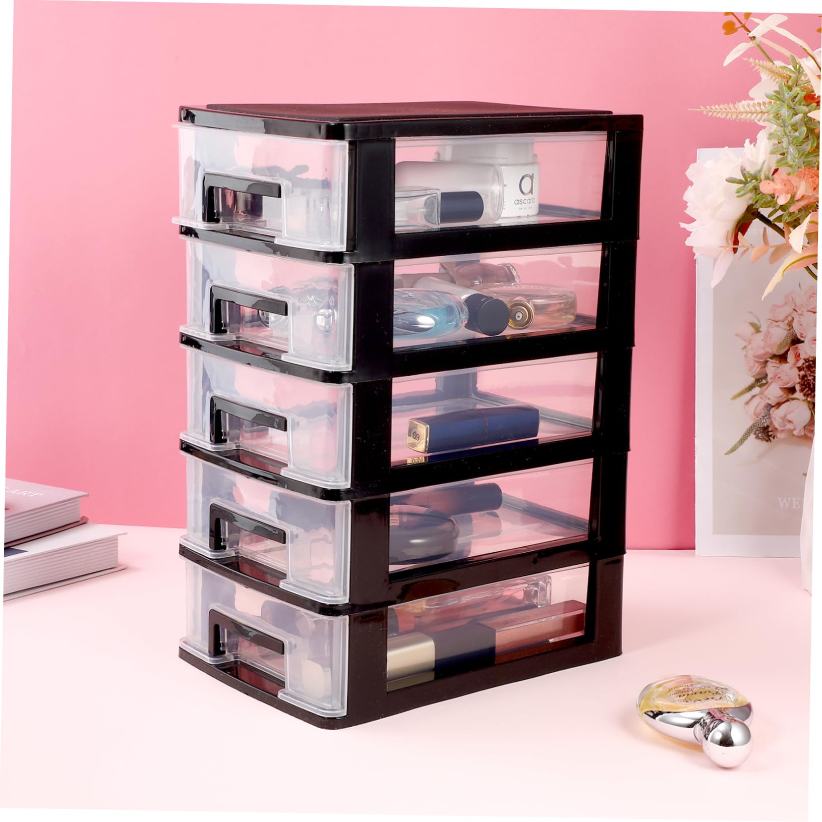 ULTECHNOVO Cassettiera da Scrivania e Design Pratico in Plastica 5 Cassetti Trasparenti Organizer per Cosmetici e Make-up Grande Capacità per Ufficio e Desktop