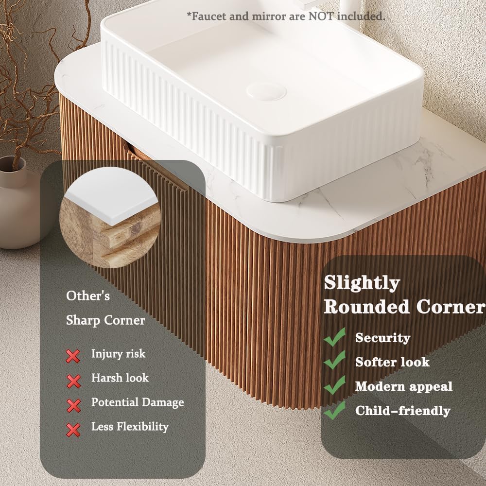 48'' Bathroom Vanities Cabinet with Sink, Wall Mounted Floating Cabinet W/Curved Edges Stripes, Oak Plywood, Soft-close System with 2 Drawer, White Rectangular Ceramic Basin - Kiel, Natural Wood/W