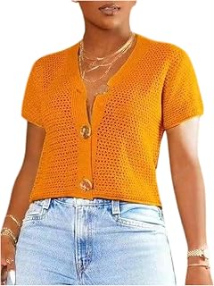 Women's Hollow Out Cropped Cardigan Button Up Short Sleeve Sweater Outwear