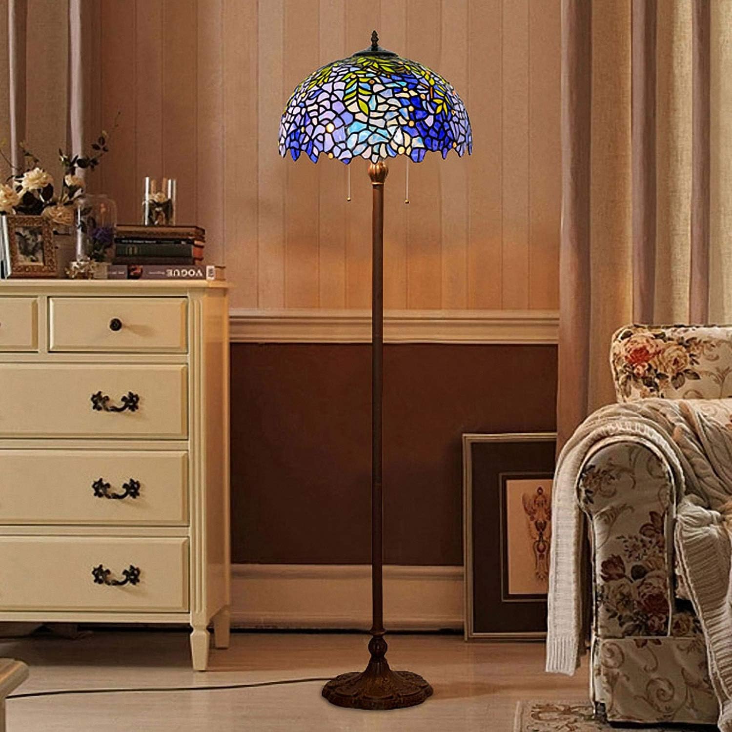 MAGCOLOR Floor Lamp, Tiffany Style Stained Glass Purple Wisteria Hanging Lamp with Handmade Lampshade, Suitable for Decorating Room (Purple, 16in)
