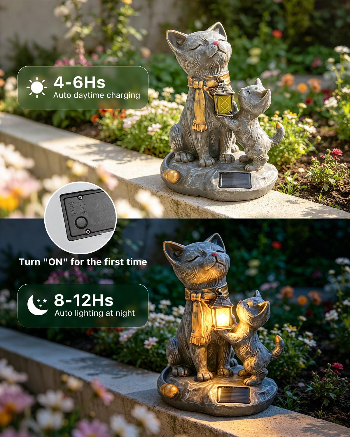 Solar Cat Resin Garden Statues Outdoor Lights with LED Lanterns Waterproof Animal Figurine Outside Decorations for Yard, Patio, Porch, Balcony Ornaments Unique Gardening Gifts for Mom, Grandma, Women