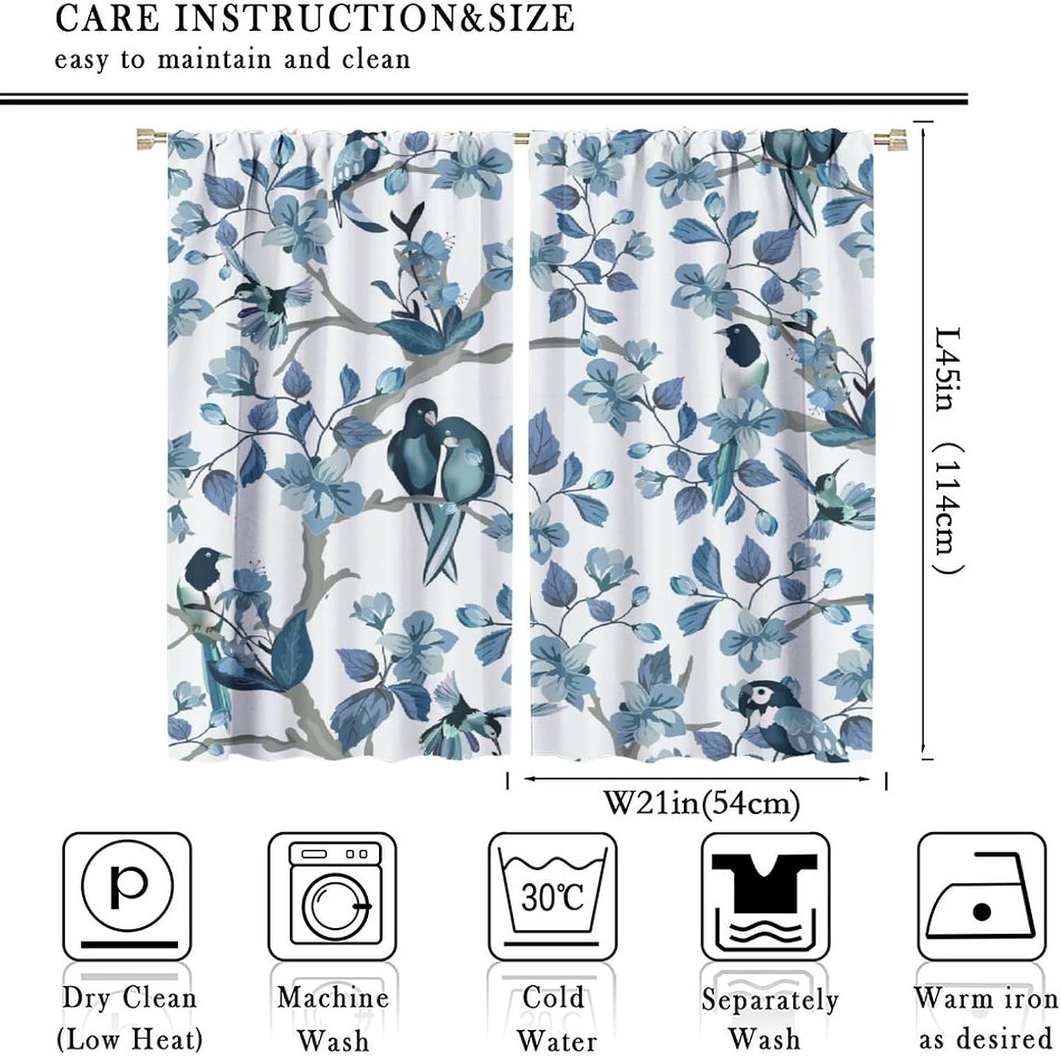 Bird Flower Curtains,Blue Leaves Modern Art Print Window Treatments for Bedroom Living Room Kitchen Home Décor Window Drapes 2 Panels Set,Total Size 42 x 45 Inch