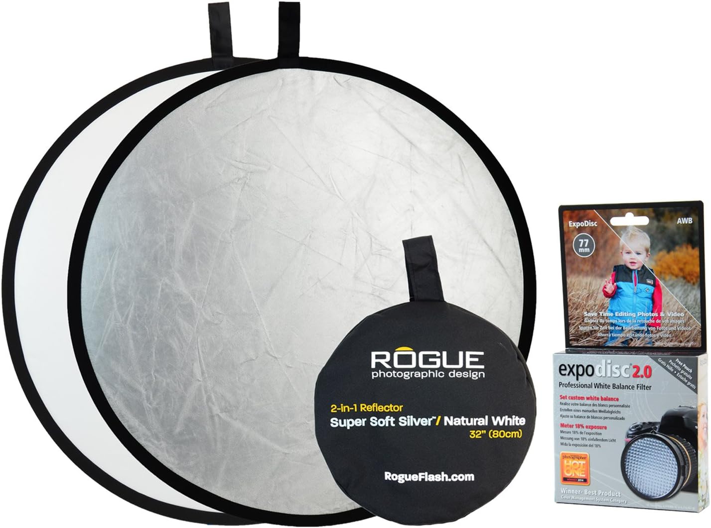 ExpoDisc 2.0 77mm Professional White Balance Filter + Rogue 2-in-1 Collapsible Reflector Super Soft Silver / Natural White
