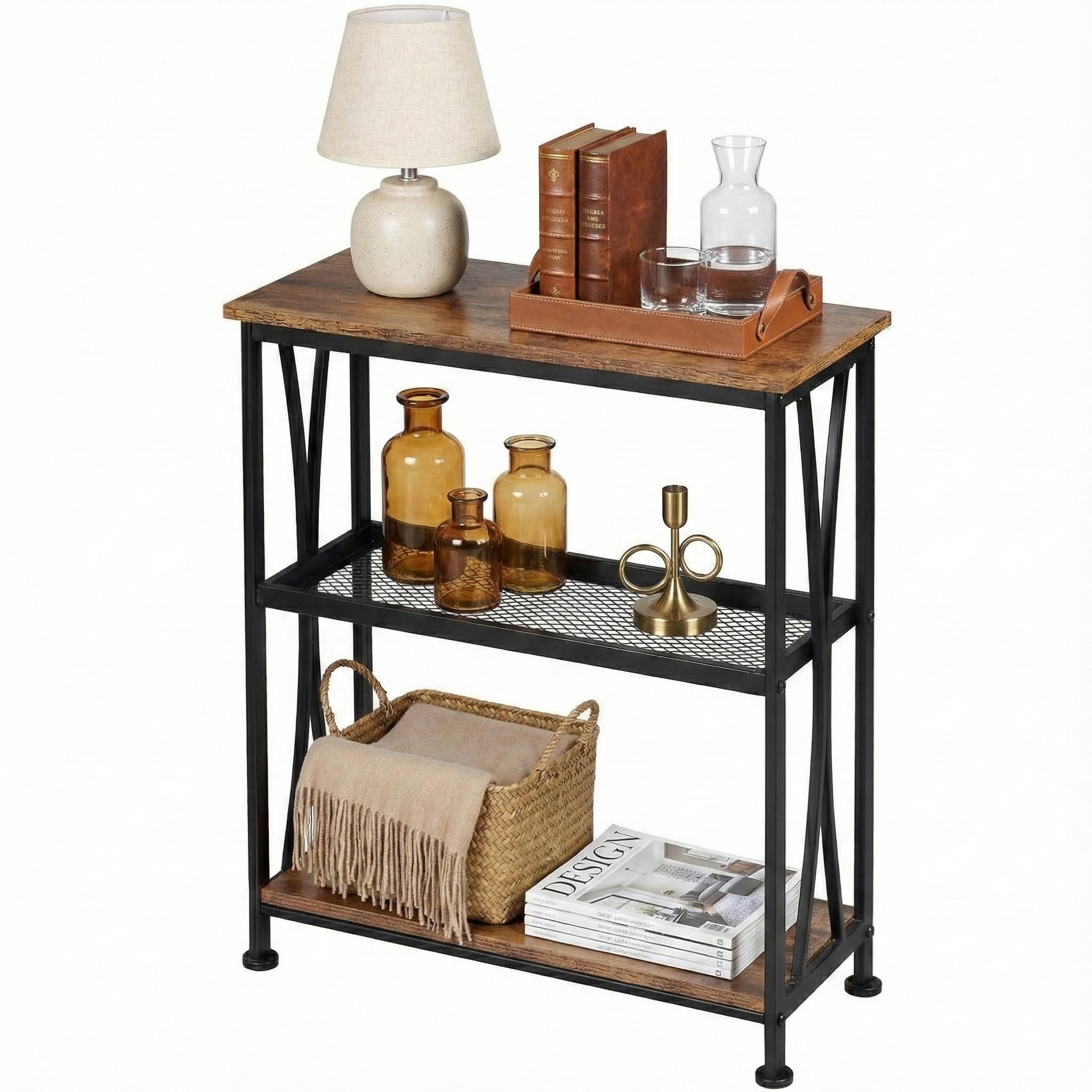 GIOPACO Wood Narrow End Table,20" Long Side Table With 3 Tier Storage Shelves, Small Hallway Table?Industrial Rustic Accent Skiny Slim Couch Beside Table For Small Spaces,Rustic Brown