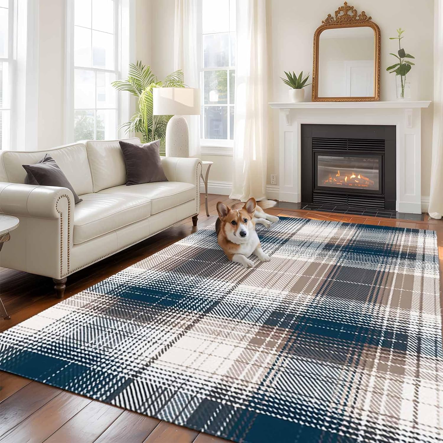 Vintage Plaid Area Rugs 5x7 ft Brown Navy Plaid Texture Abstract Art Washable Rug Non Slip Indoor Carpet Absorbent Floor Mat for Living Room Bedroom Dining Room