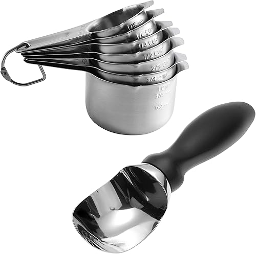 Spring Chef Vasos medidores de acero inoxidable, juego de 7 y cucharas de helado de acero inoxidable de alta calidad, color negro - Paquete de 2