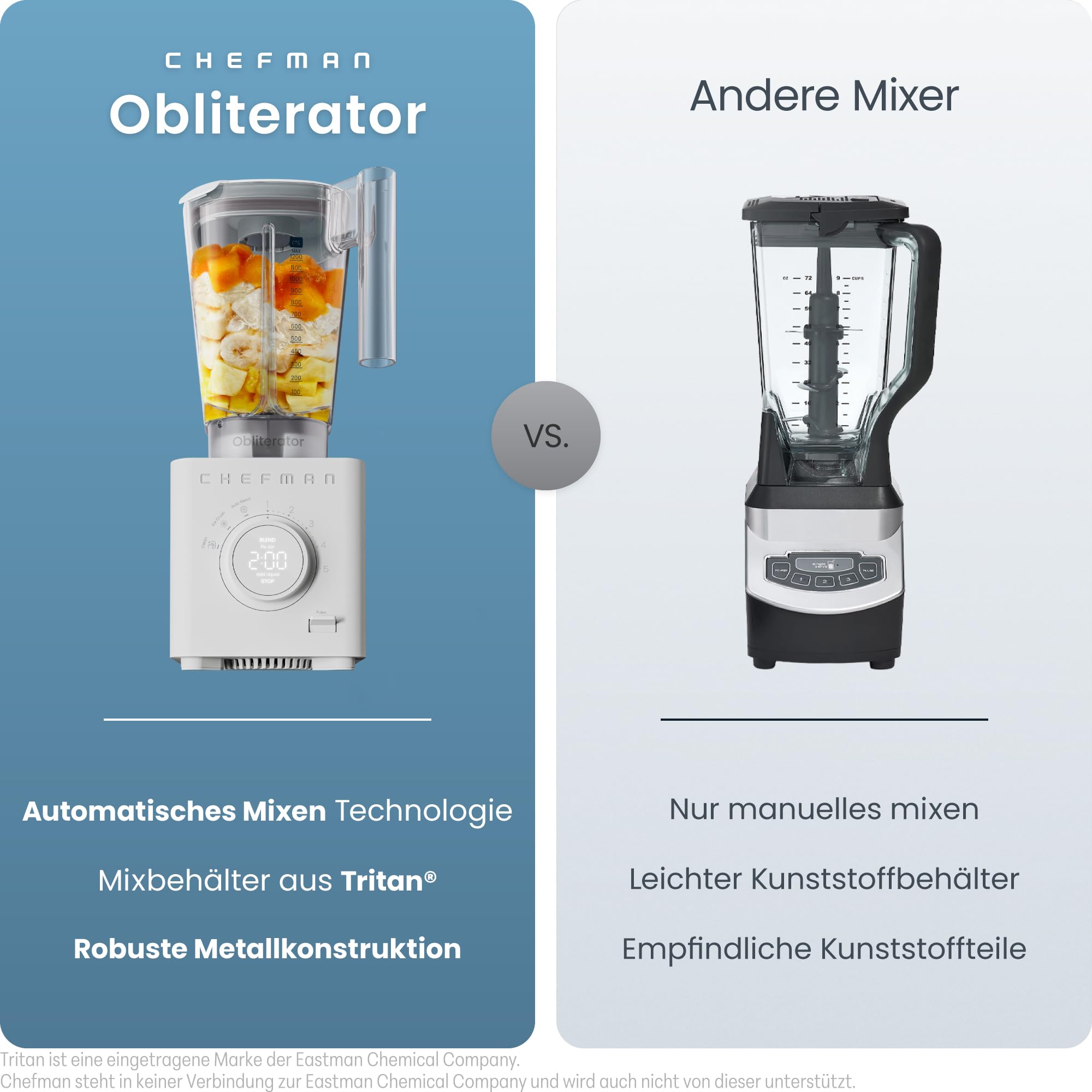 Chefman Obliterator Standmixer 1,2L 1350W, zerkleinert Eis & Früchte | für Smoothies, Edelstahlklinge, Auto-Blend, inkl. 600ml Reisebehälter, Betongrau