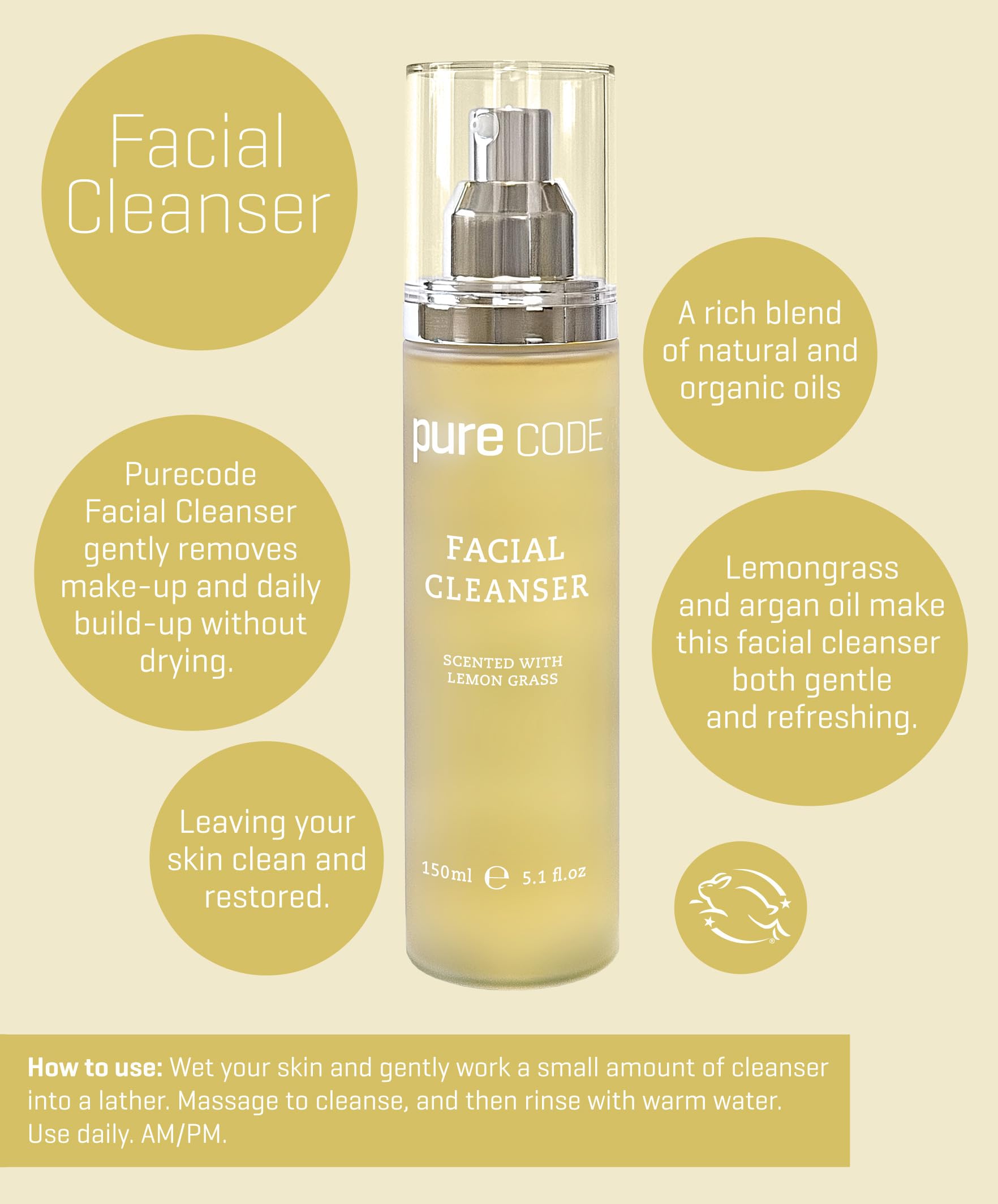 PURE CODE Daily Facial Cleanser Scented with Lemongrass to Remove Makeup, Daily build-up, and Impurities - Made In the USA