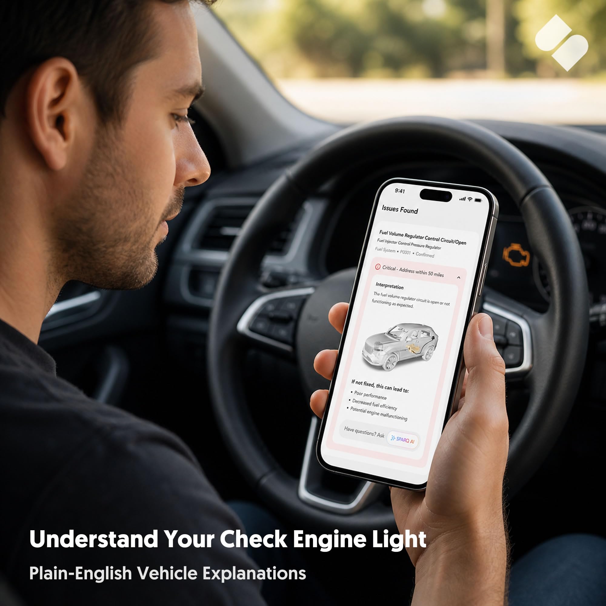 SPARQ Narzędzie diagnostyczne AI OBD2 Bluetooth kompatybilne z iPhone/iOS, osobistym mechanikiem samochodowym, historia śledzenia i wycofywanie, skanowanie i usuwanie kodów 50K + dla pojazdów innych