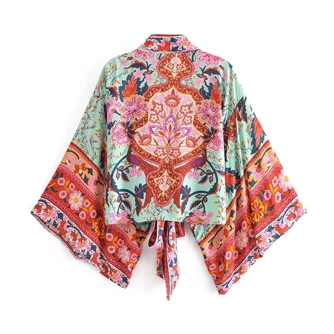 Kimono corto con estampado floral para mujer, cuello en V, mangas murciélago, bata bohemia para cubrir el bikini