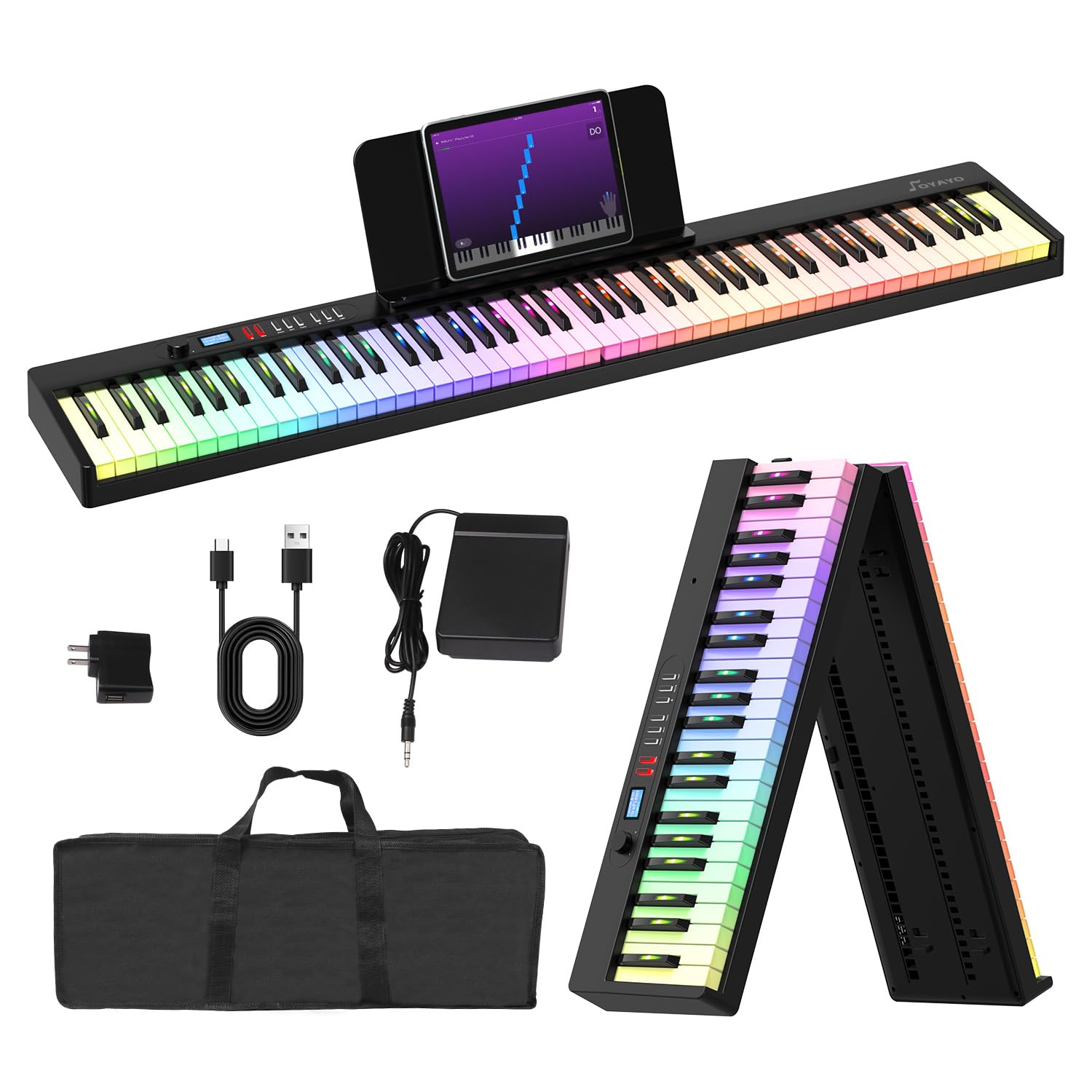 Pianoforte pieghevole a 88 tasti con tasti luminosi, FP88CL Full Size tastiera semi-ponderata per principianti, pianoforte elettrico portatile con USB-MIDI, pedale sustain, borsa per il