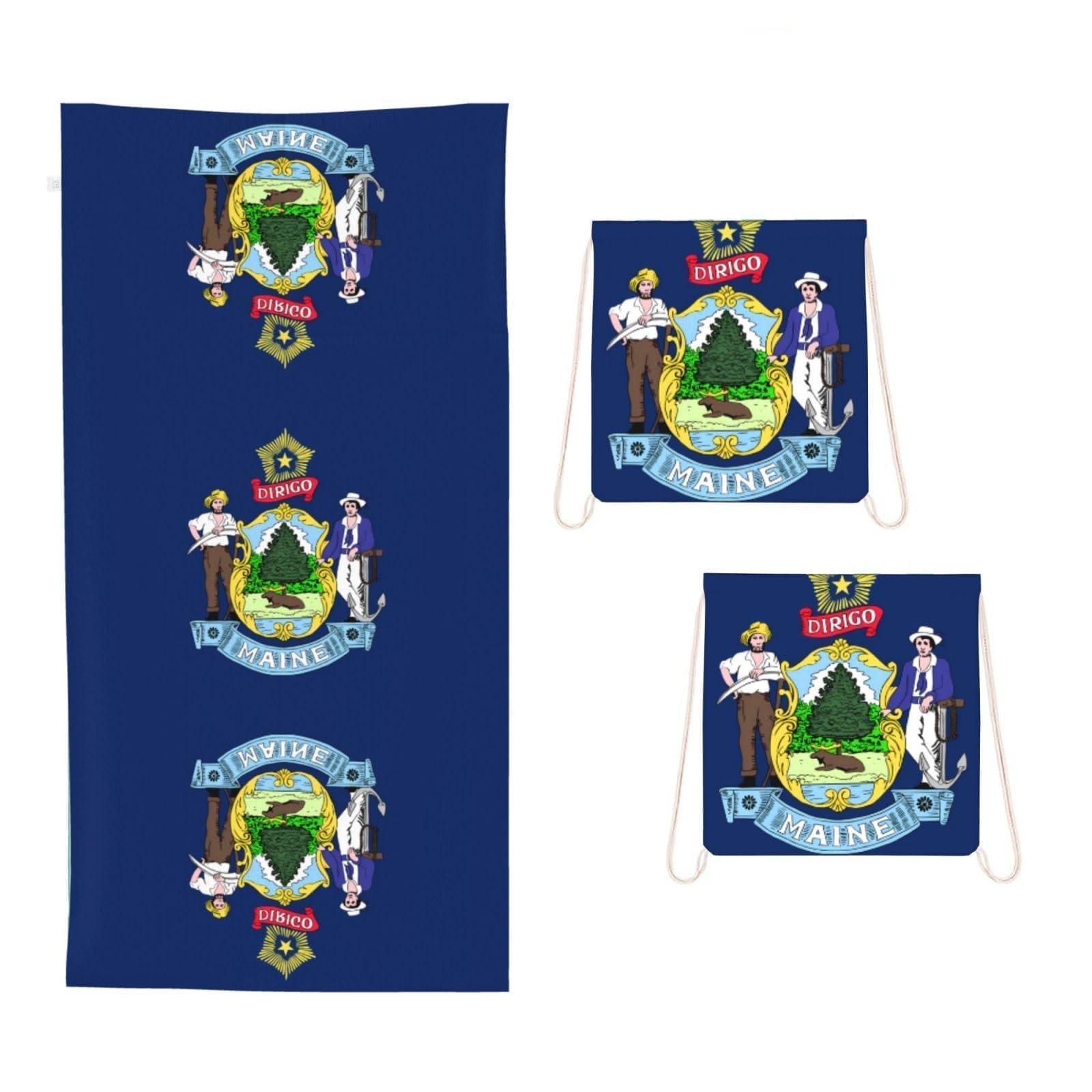 CNTDBU Maine State Flag 2 in 1 Packable Towel Bag-Large Beach Towel with Stuff Sack, Super Absorbent Microfiber Travel Towel for Pool