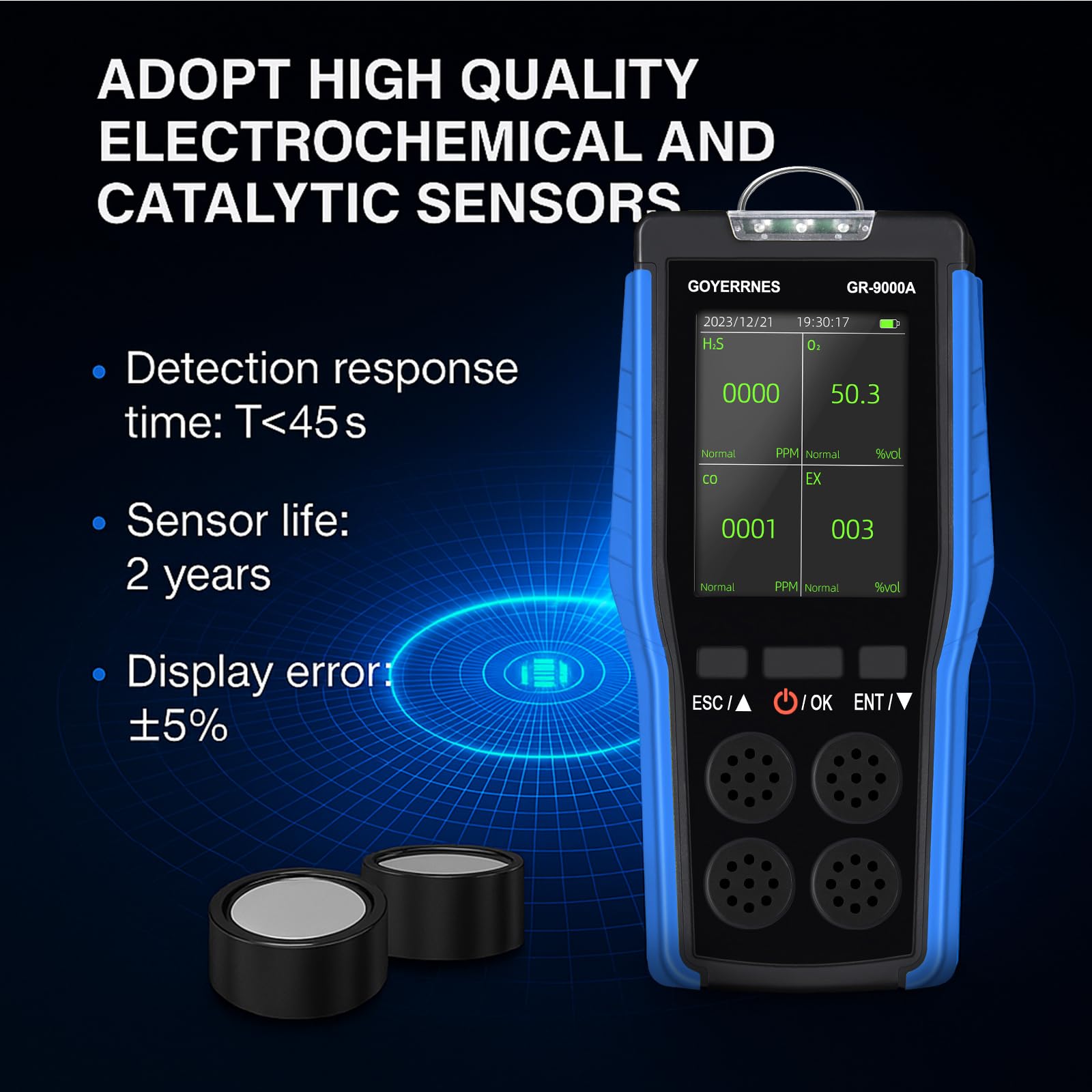 Rilevatore di gas 4 in 1 Rilevatore portatile della qualità dell'aria Ossigeno O2, idrogeno solforato H2S, monossido di carbonio CO, gas infiammabili EX Allarme Schermo LCD lampeggiante Memorizzazione