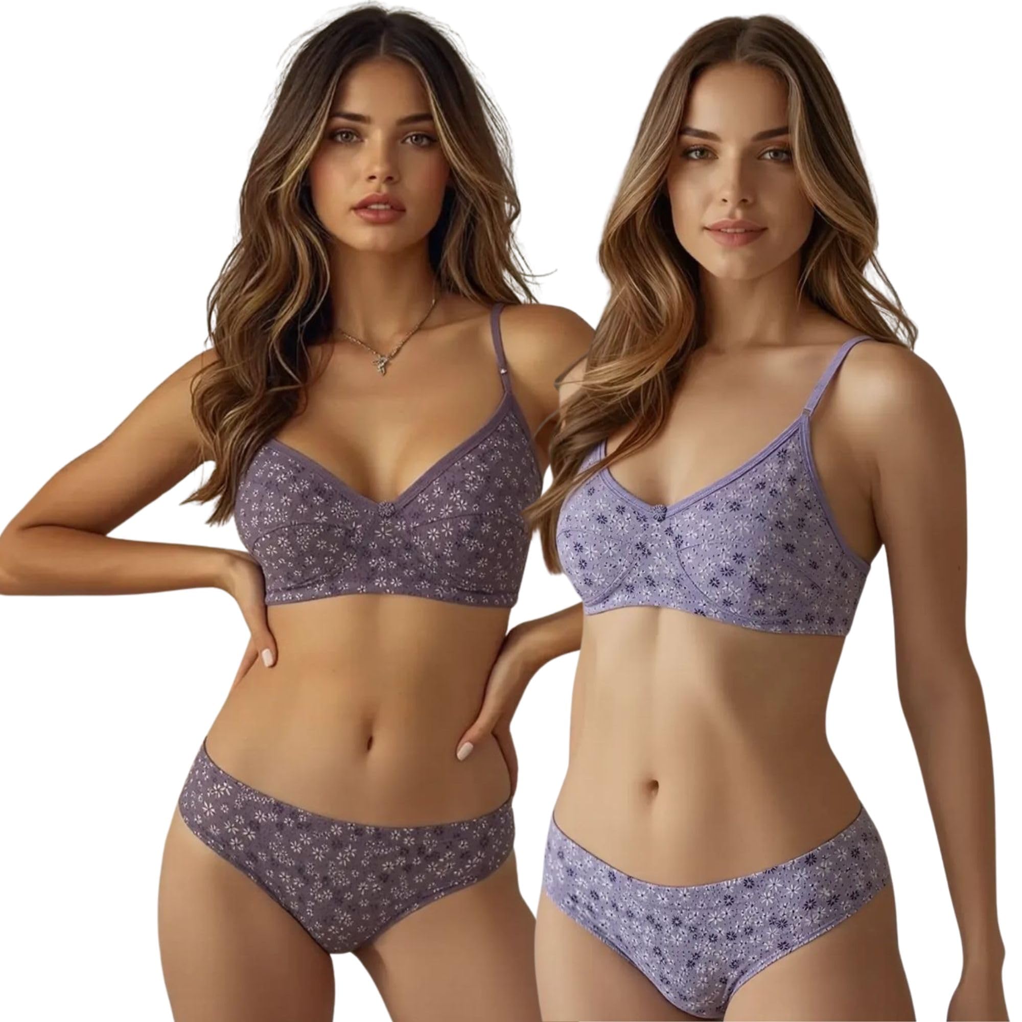 Women Non Padded Printed Bra Panty Set (Pack of 2) | Soft Cotton Blend Lingerie | Adjustable Strap Floral Innerwear Combo for Women-image-22