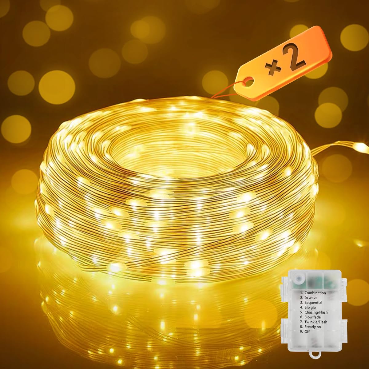 Opard Battery Fairy Lights 2 Pack 50 LEDs 5m, Christmas Lights, Upgraded Coated, IP65 Waterproof, 8 Lighting Modes, Auto Timer Function, Warm White for Christmas, Outdoor, Indoor
