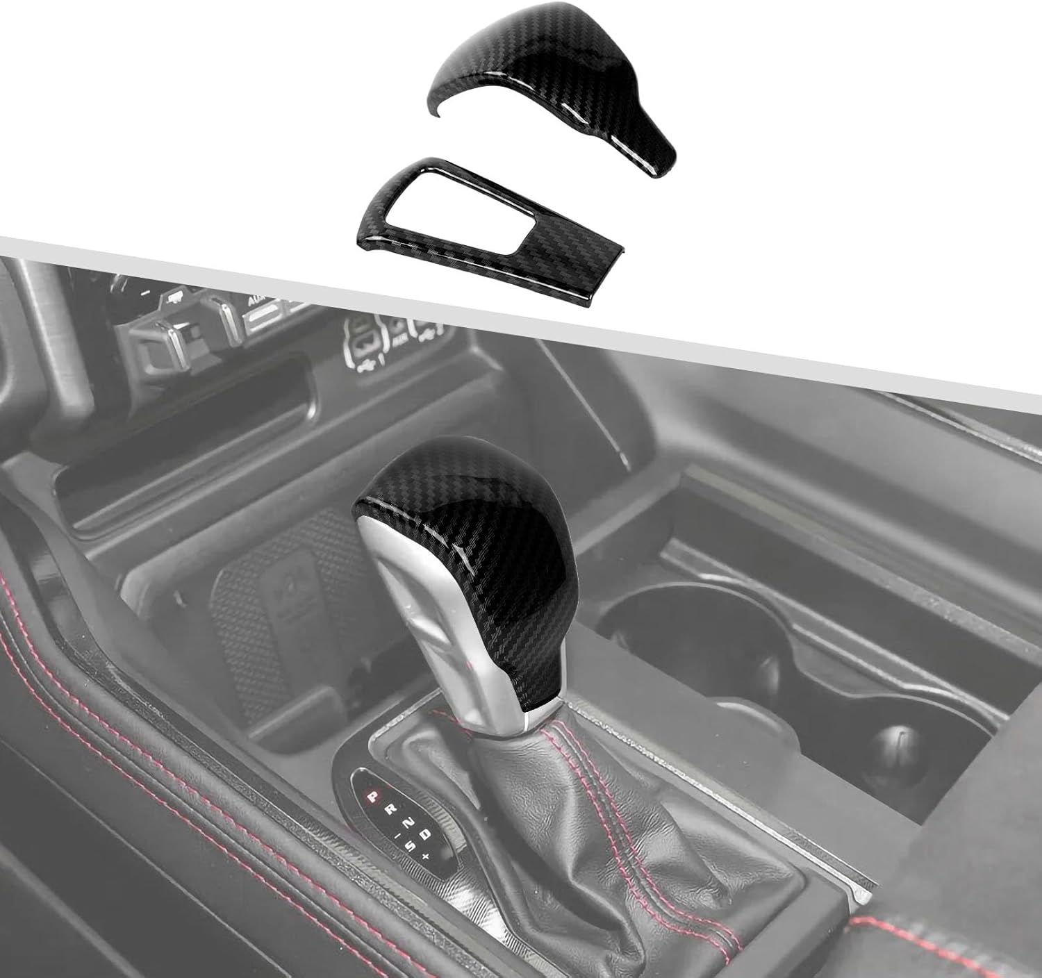 Jimen Fit for Dodge Ram 1500 TRX 2021-2024, 2PCS Gear Shift Knob Cover Trim (Carbon Fiber)