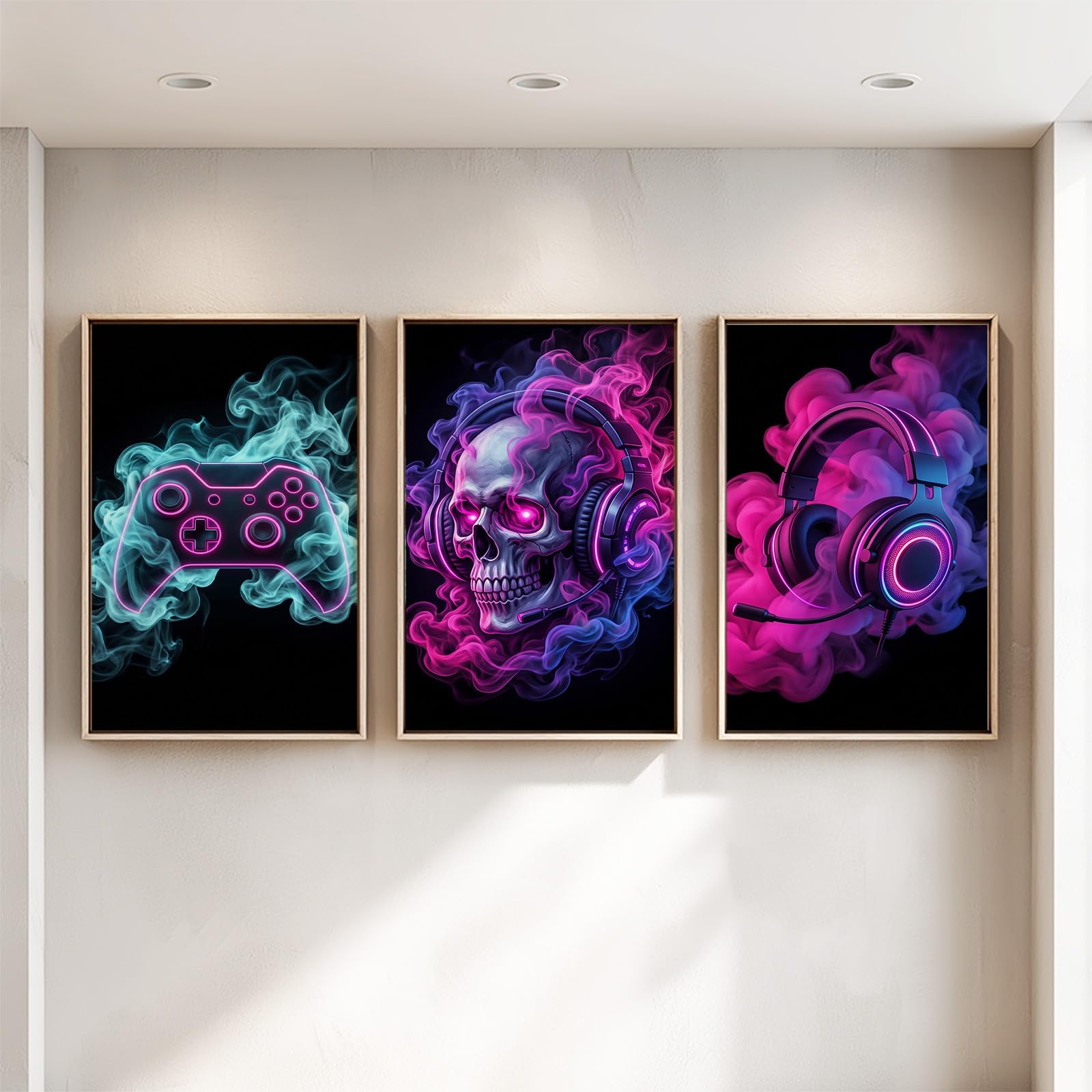 Générique Impression sur Toile Tableaux Decoratifs Muraux Déco Fantaisie Gaming 50 x 70 cm Decoration Murale Peinture, Néon Casque Manette, Pour Chambre Maison