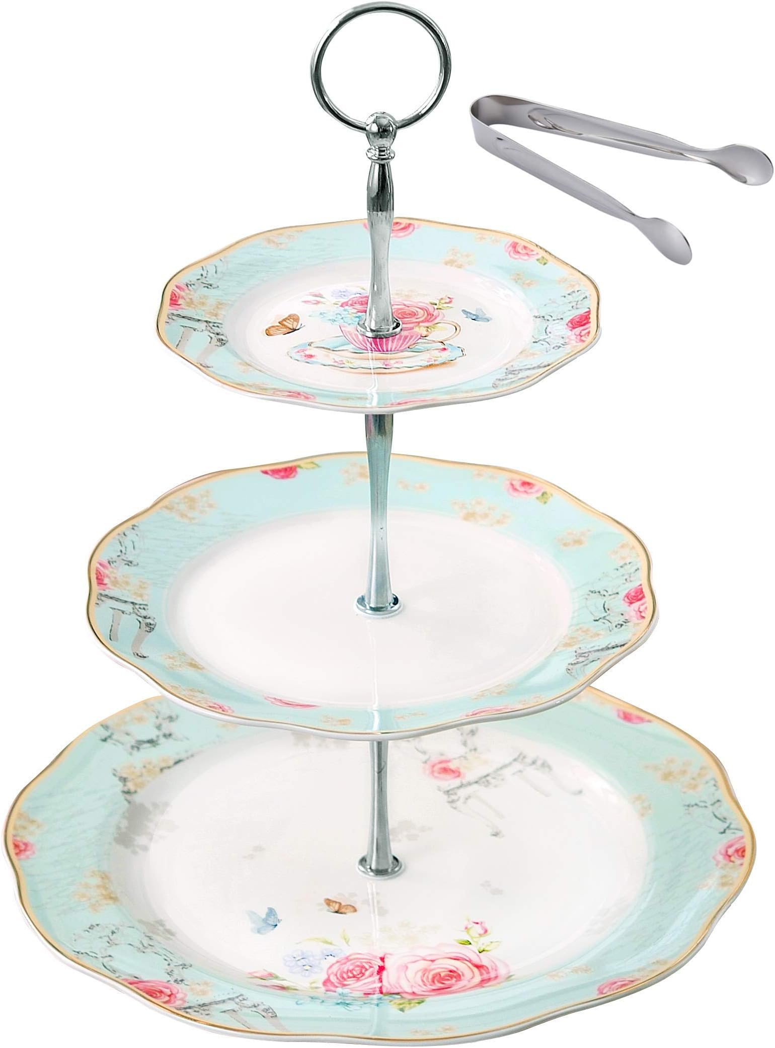 Jusalpha Light Blue 3-tier Ceramic Cake Stand- Cupcake Stand- Tea Party Pastry Serving Platter Comes In a Gift Box- Free Sugar Tong (FD-QD3T)
