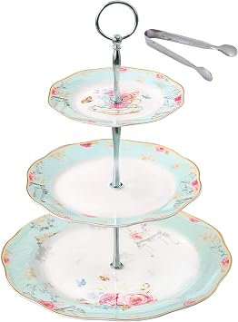 Jusalpha Light Blue 3-tier Ceramic Cake Stand- Cupcake Stand- Tea Party Pastry Serving Platter In a Gift Box- Free Sugar Tong FD-QD3T
