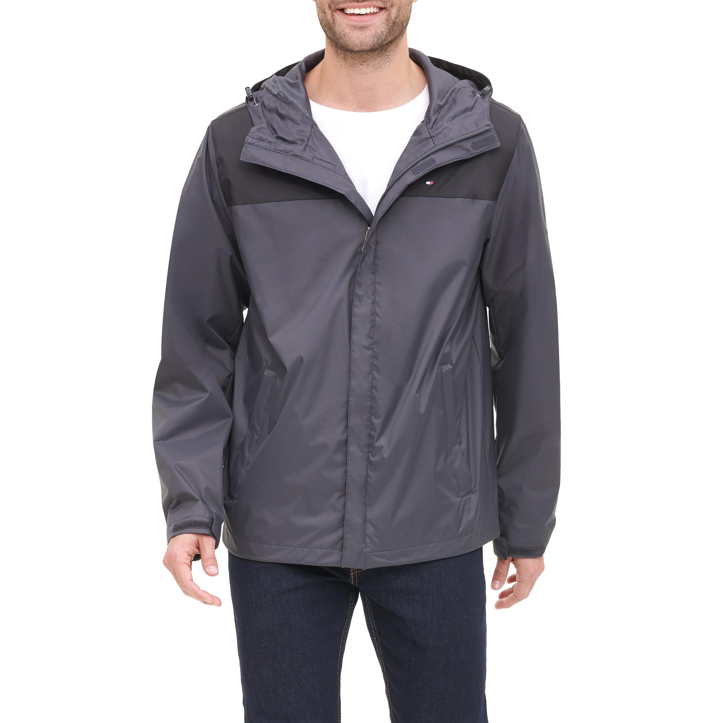 Tommy Hilfiger Men's Charcoal/Black Colorblock Lightweight Breathable Waterproof Hooded Rain Jacket Raincoat, 3X