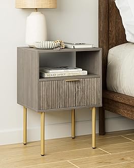 Nightstand,Morden Bedside Table with Gold Frame,Small White Night Stand,End Table,Bedside Furniture,Side Table with Drawer and Shelf for Bedroom,Living Room (1Drawer, Grey)