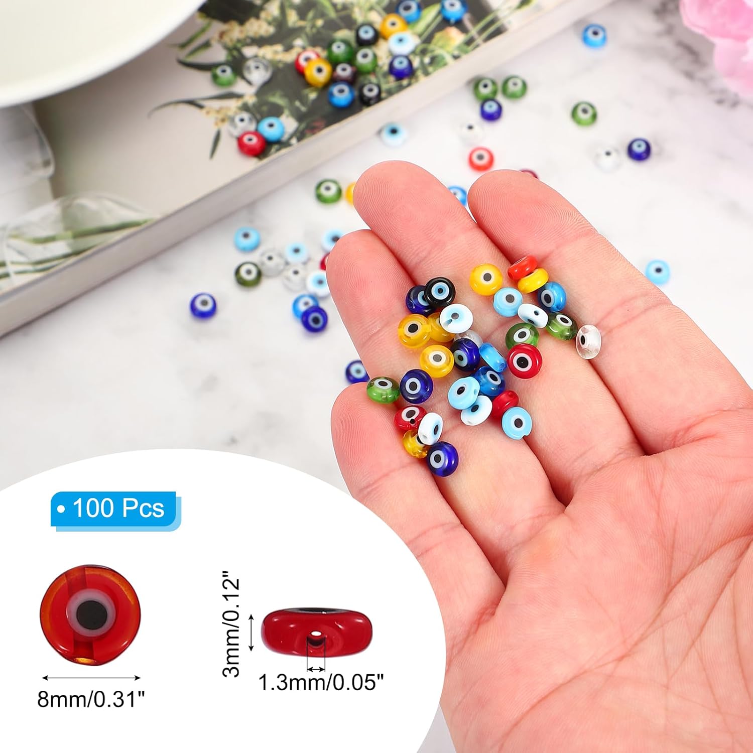 PATIKIL 8mm Flat Evil Eye Beads, 100 Pcs Turkish Evil Eye Charm Round Shape Spacer Beads Pendant Connector for DIY Art Craft Bracelet Necklace Earrings Making, Red - Image 2