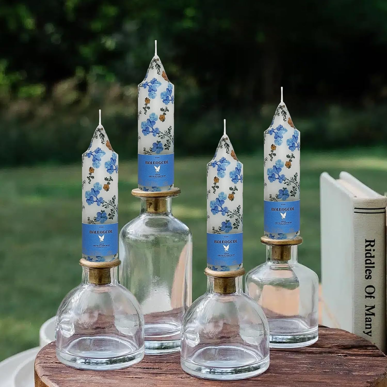 Print Taper Candles - Blue Floral Blend Pattern Short Candle 5Inch Unscented Flower Tapered Candlesticks for Family Gatherings Weddings Restaurant Holiday Decorations Set of 4