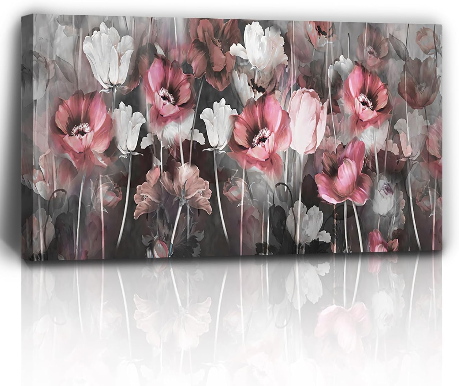 Craftline - Abstract Pink Poppies Floral Botanical Canvas Wall Art, Rustic Vintage Flowers Wildflower Field Prints Modern Gray Background Framed Artwork for Home Decor 32x16inch