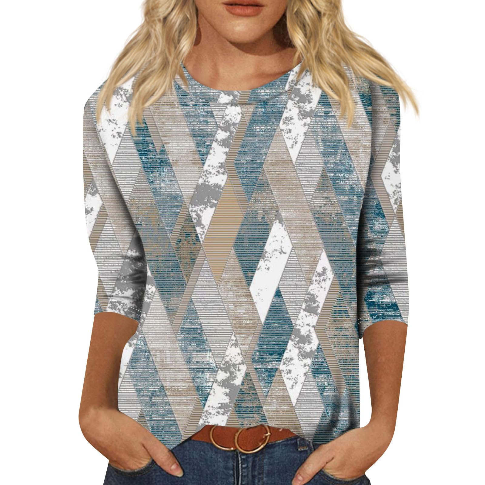 Womens Tops Trendy Summer 3/4 Sleeve Shirts Casual Floral Print Blouses Round Neck Cute Tunic Tops Plus Size S-5XL