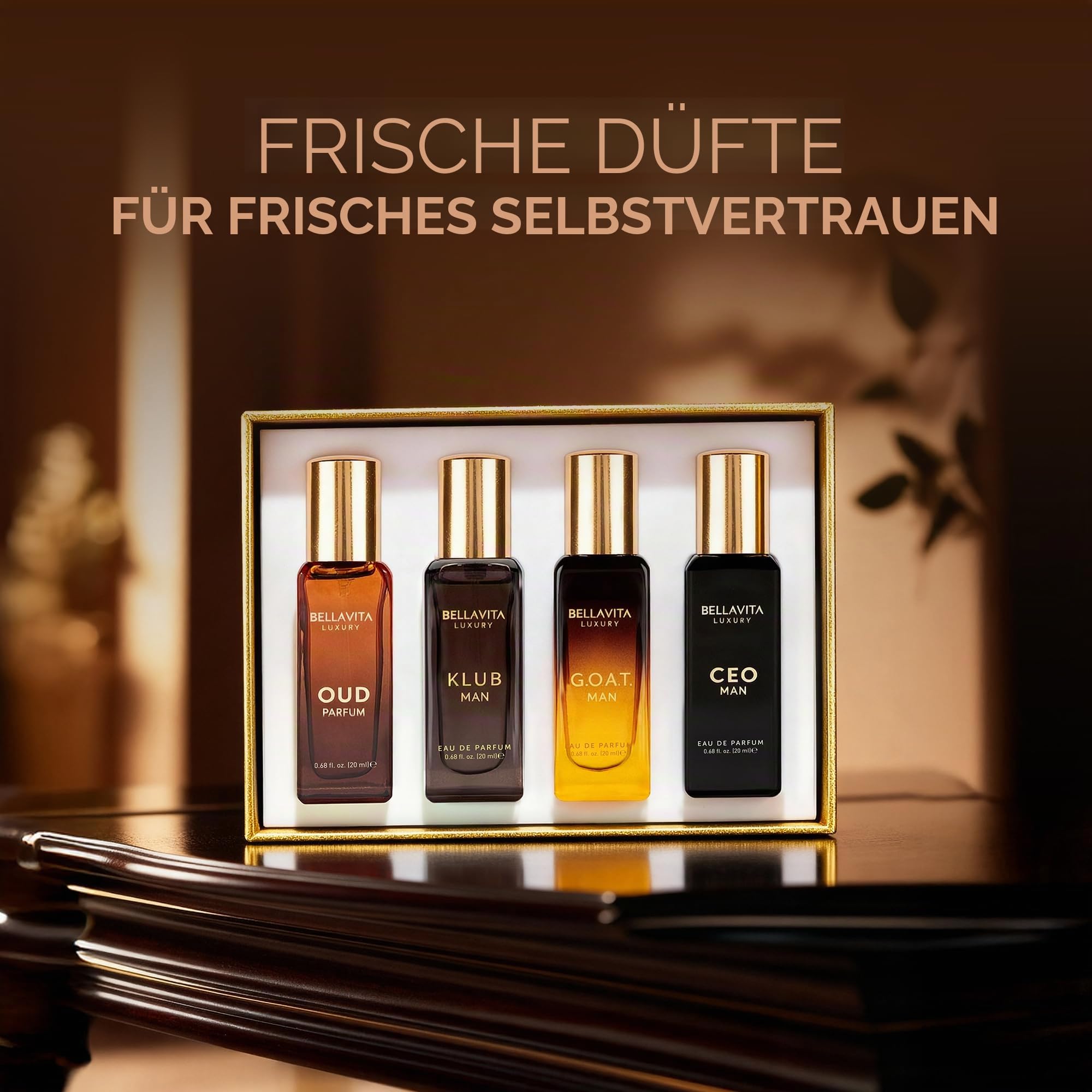 Bella Vita Luxus-Parfüm-Geschenkset für Herren | 4 x 20 ml | Geschenkidee für Männer | Holzig, Zitrus, Oud, Premium-Duft | KLUB, OUD, CEO, G.O.A.T.