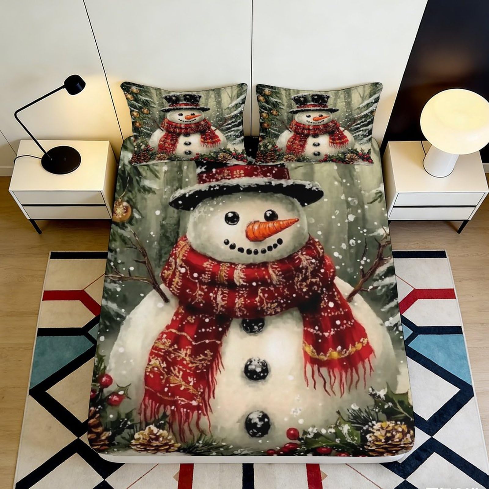 3D Printed Snowman Fitted Sheet Microfiber Soft Cozy Winter Bed Cover with Scarf Pattern Mattress Cover for Bedroom Dorm Dormitory Guest Room Protection 200x200x25cm