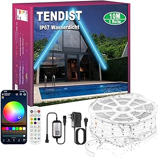 10M IP67 RGB LED Streifen Aussenbereich Wasserdicht, Bluetooth Outdoor LED Strip mit App, Remote und Music Sync, Lichtband Selbstklebend für Garten, Balkon, Terrasse, Festival (10M*1)